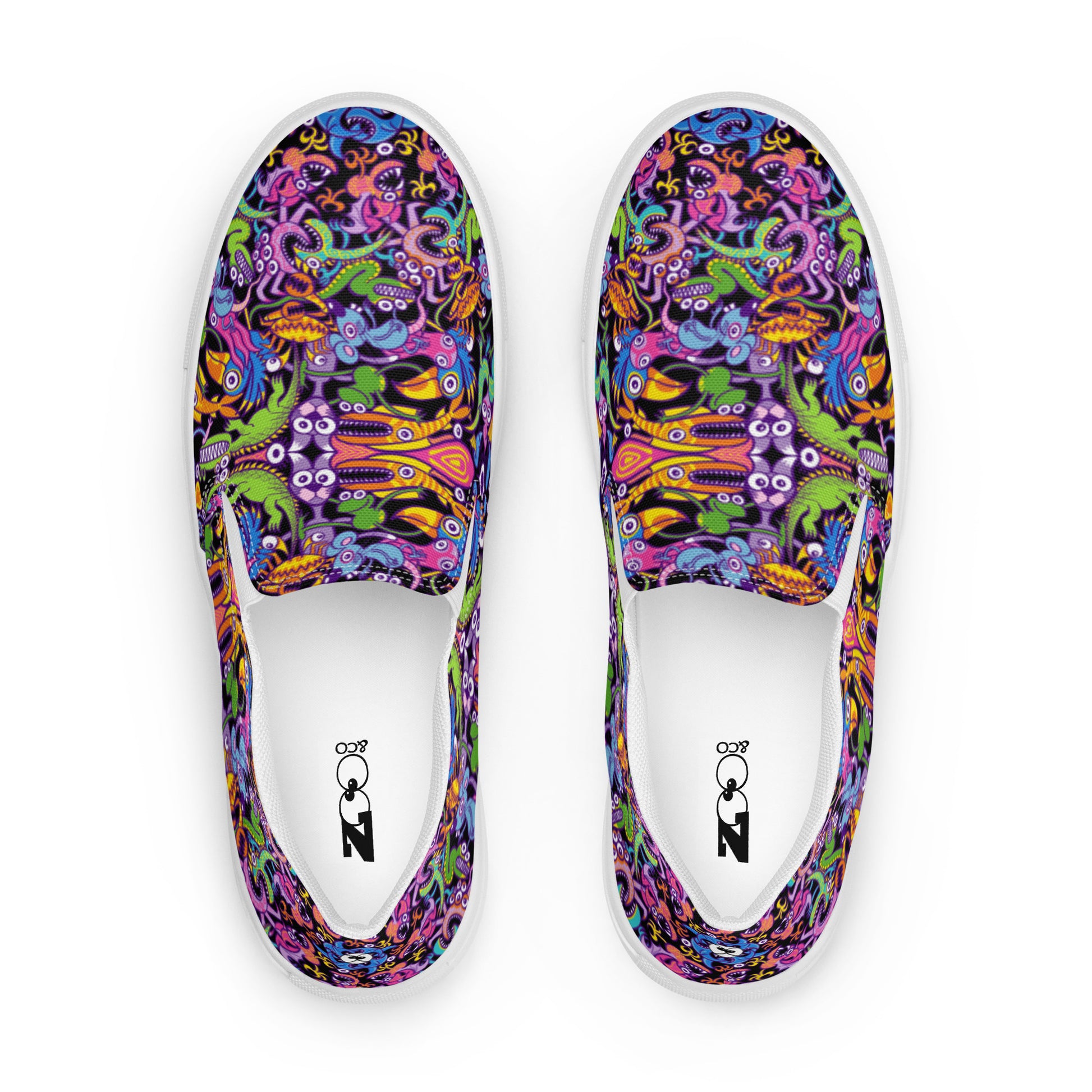 Eccentric critters in a crazy lively festival Women’s slip-on canvas shoes. Top view