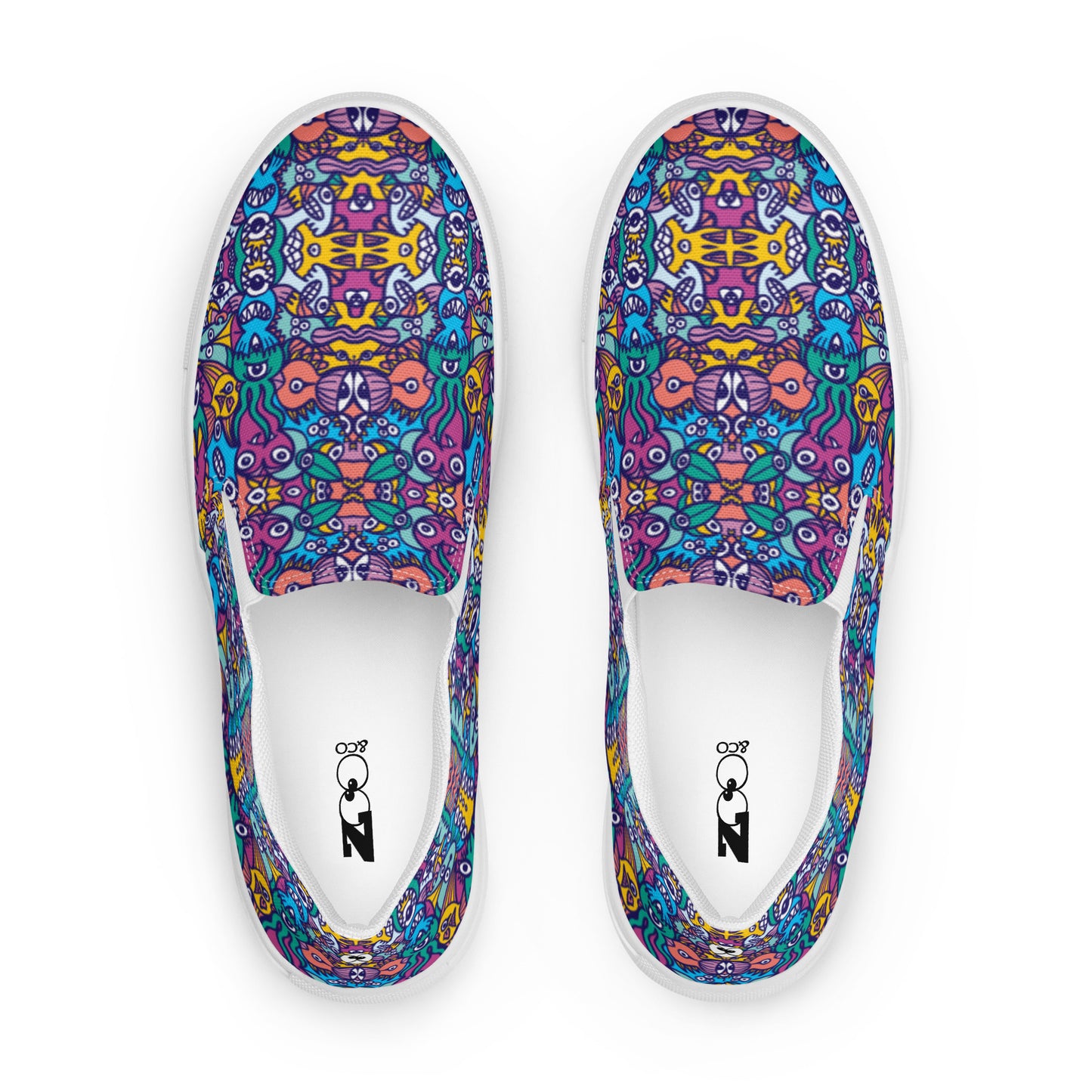 Whimsical design featuring multicolor critters from another world Women’s slip-on canvas shoes. Top view