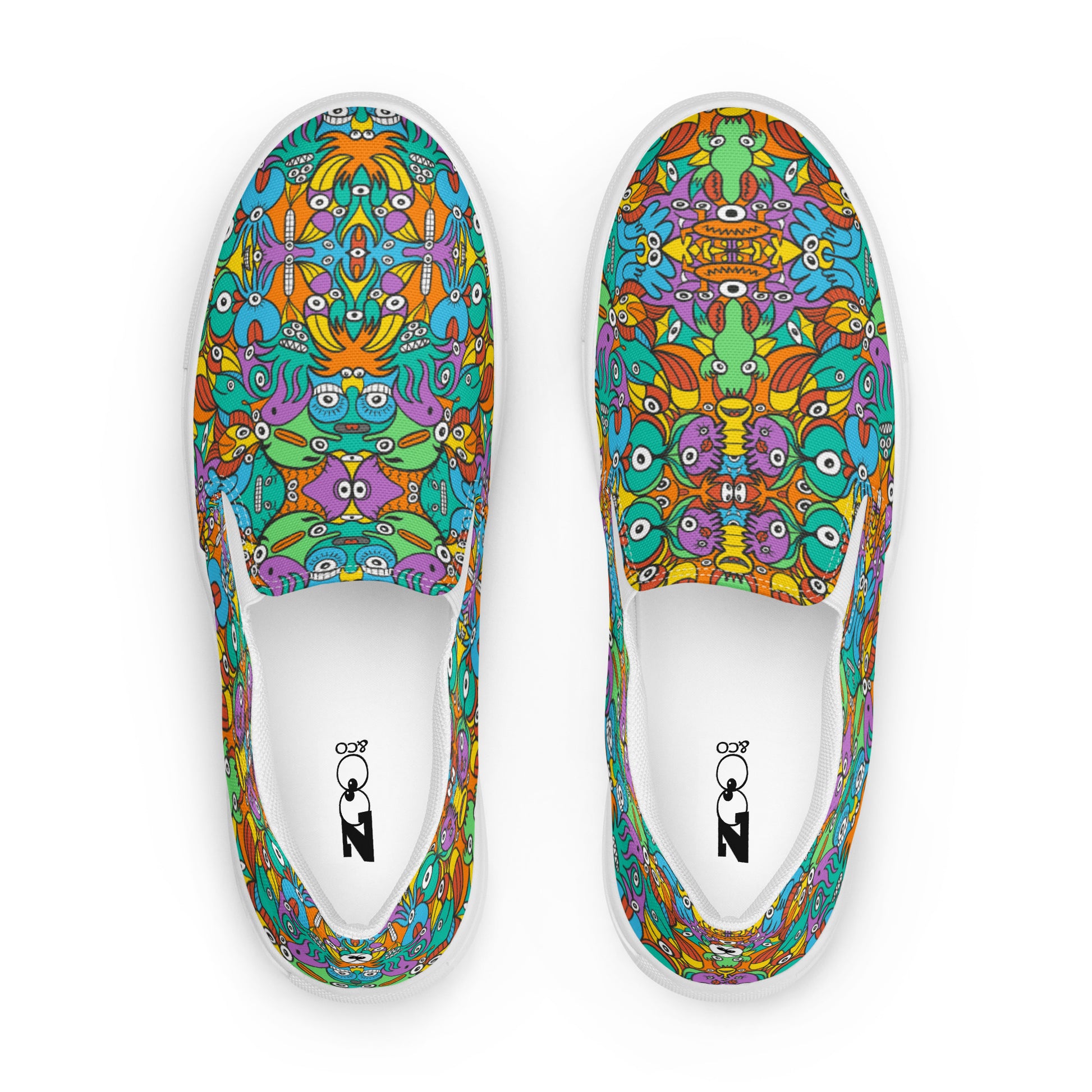 Fantastic doodle world full of weird creatures Women’s slip-on canvas shoes. Top view