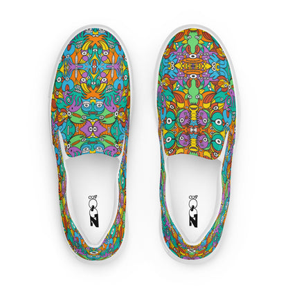 Fantastic doodle world full of weird creatures Women’s slip-on canvas shoes. Top view