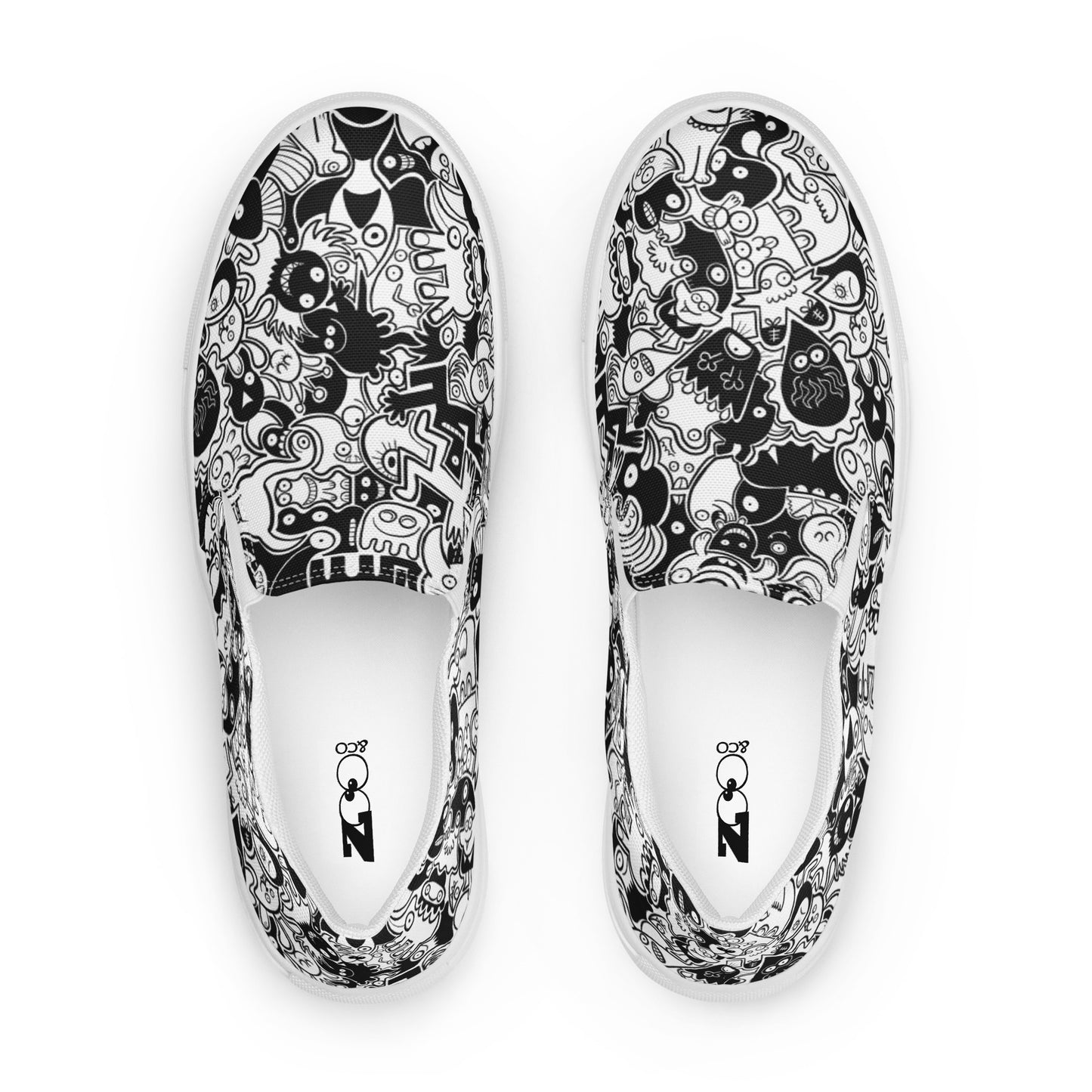 Joyful crowd of black and white doodle creatures Women’s slip-on canvas shoes. Top view