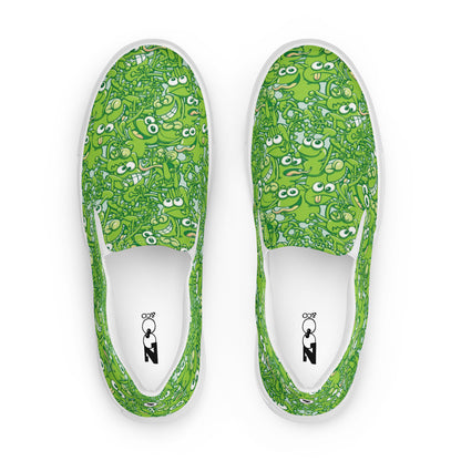 A tangled army of happy green frogs appears when the rain stops Women’s slip-on canvas shoes. Top view
