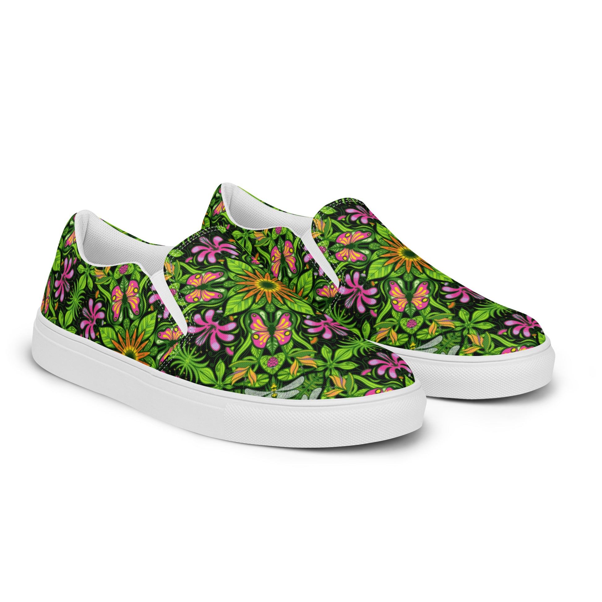 Magical garden full of flowers and insects Women’s slip-on canvas shoes. Overview