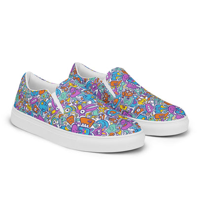 Funny multicolor doodle world Women’s slip-on canvas shoes. Overview