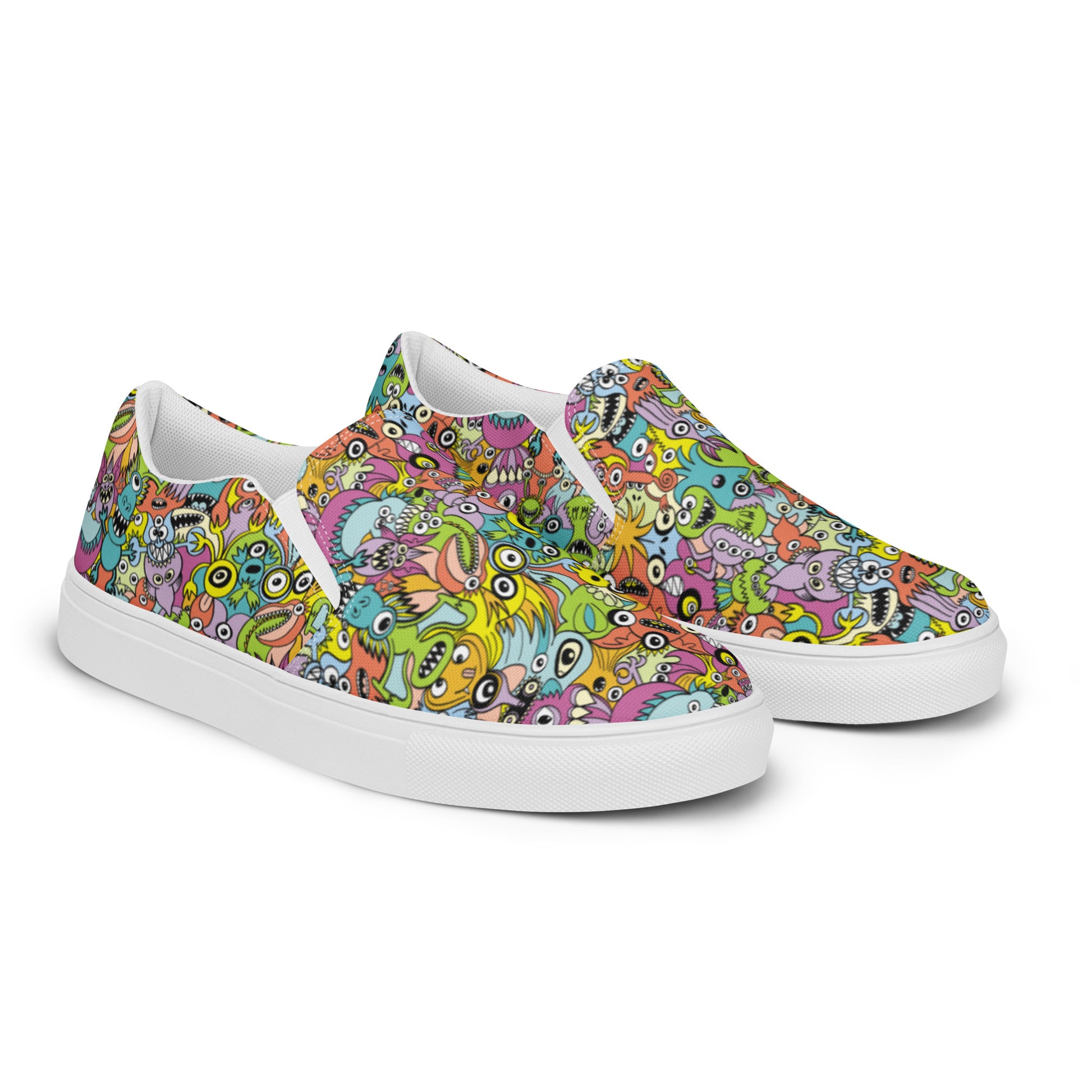 Funny monsters fighting for the best spot for a pattern design Women’s slip-on canvas shoes. Overview
