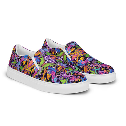 Eccentric critters in a crazy lively festival Women’s slip-on canvas shoes. Overview