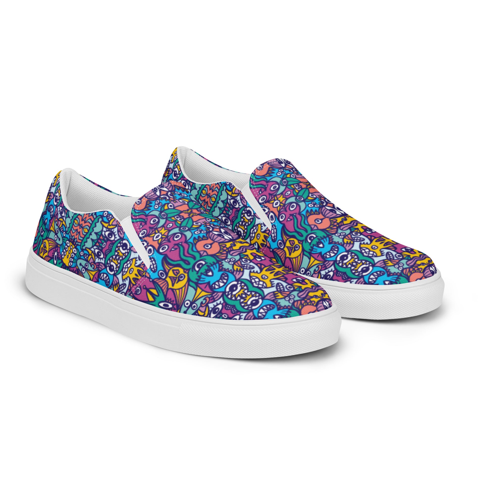 Whimsical design featuring multicolor critters from another world Women’s slip-on canvas shoes. Overview