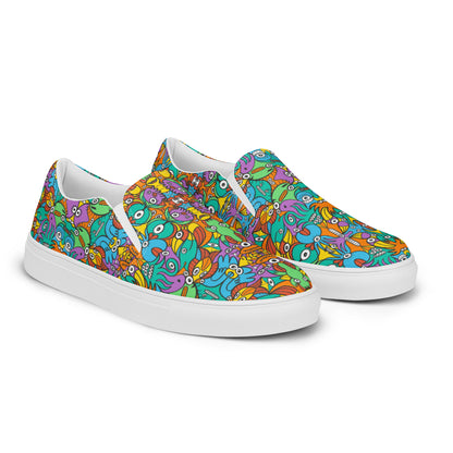 Fantastic doodle world full of weird creatures Women’s slip-on canvas shoes. Overview