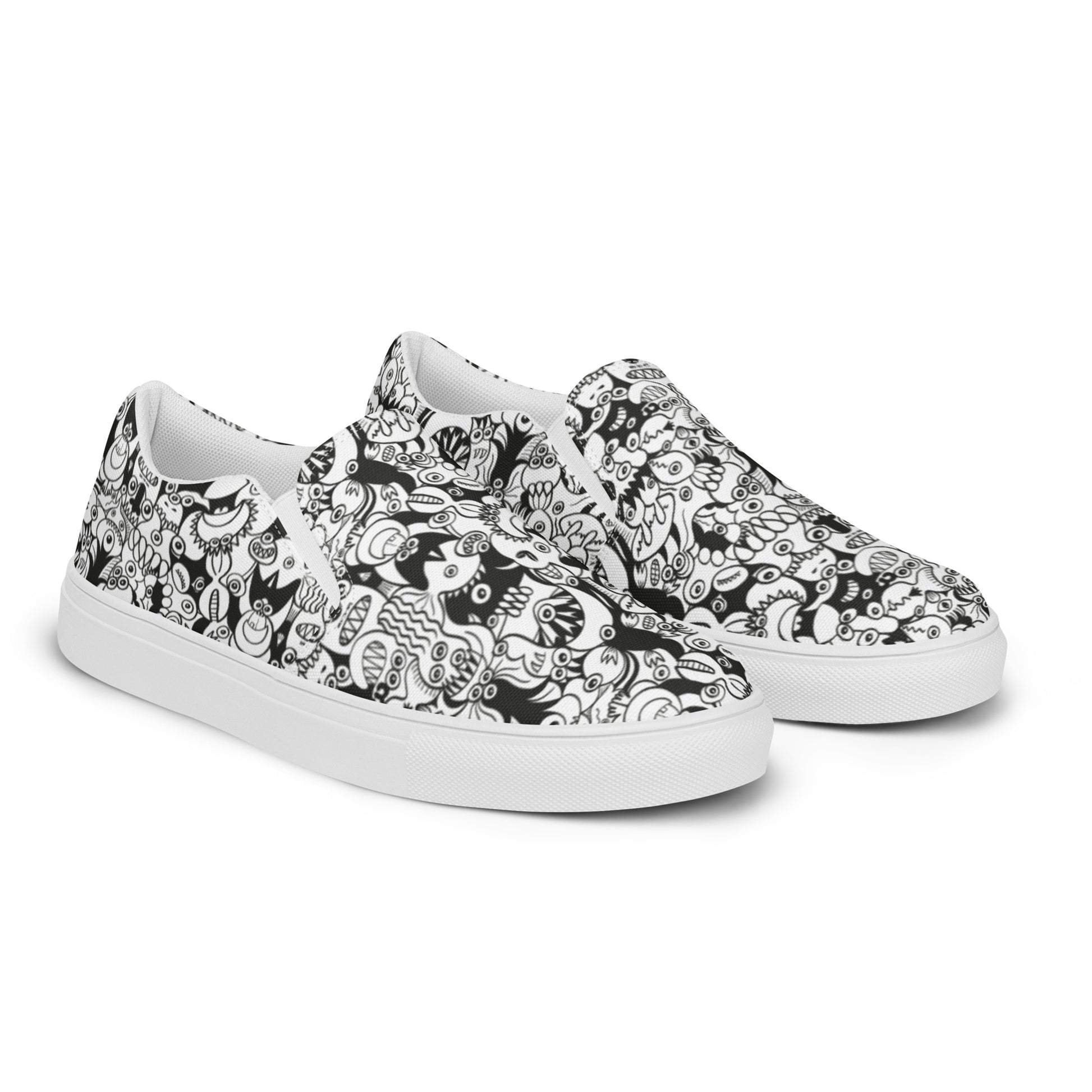 Black and white cool doodles art Women’s slip-on canvas shoes. Overview