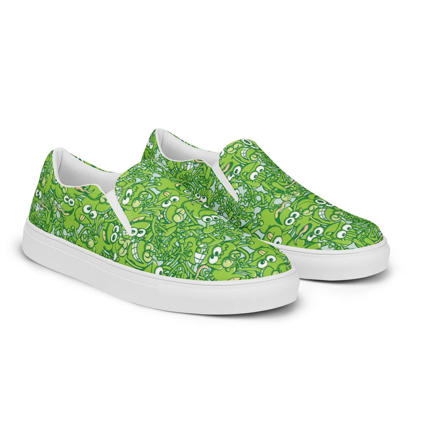 A tangled army of happy green frogs appears when the rain stops Women’s slip-on canvas shoes. Overview